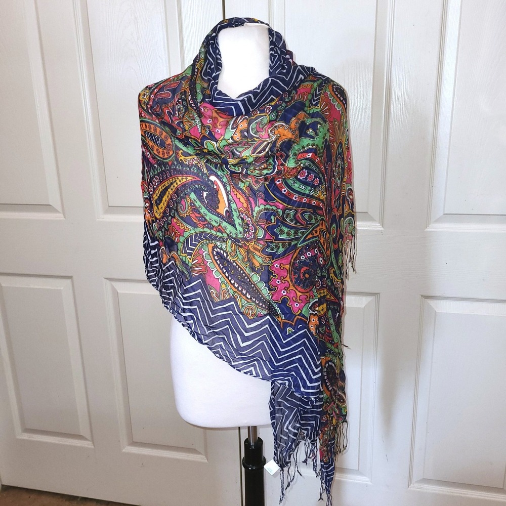 Vera Bradley Mixed Paisley Chevron Scarf Navy Blue Multi Color Fringe Rayon Wrap